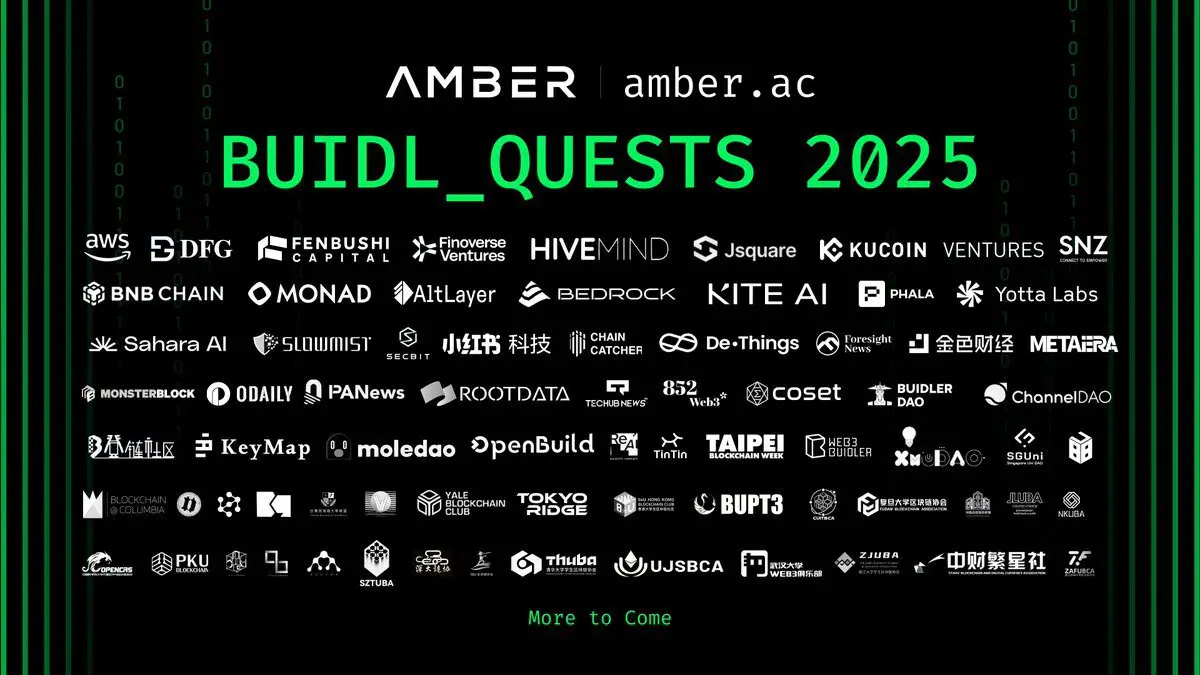기사 자세히 보기 Amber Group 加速器 amber.ac 啟動 BUIDL_QUESTS 2025： 超過 1000 萬美元創紀錄資金激勵，推動 AgentFi 創新