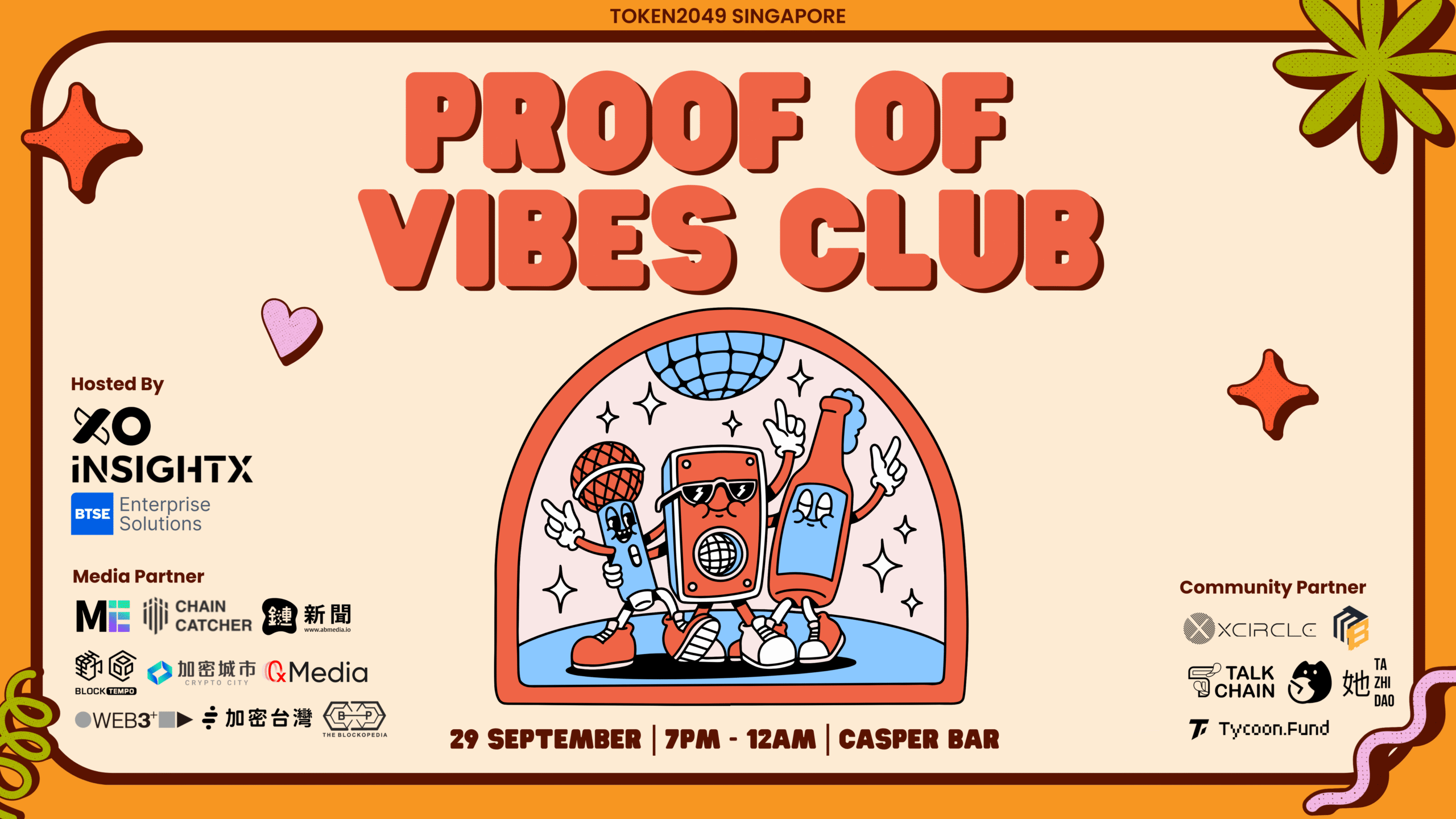 기사 자세히 보기 「Proof of Vibes Club」將為 Token2049 新加坡拉開序幕，XO & InsightX & BTSE 共同主辦，千人報名共襄盛舉！