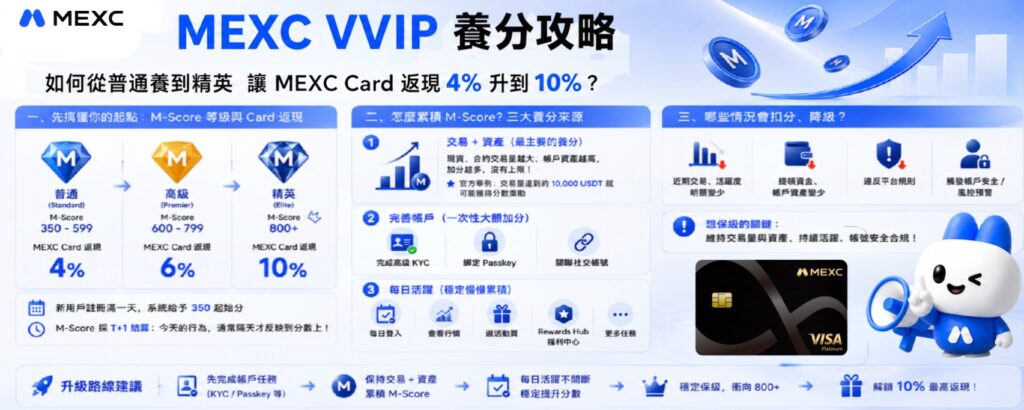 Tổng quan về chiến lược tích lũy điểm MEXC VVIP: Cấp độ M-Score và hoàn tiền từ thẻ, ba nguồn tích lũy chính, các trường hợp bị trừ điểm và lộ trình thăng cấp