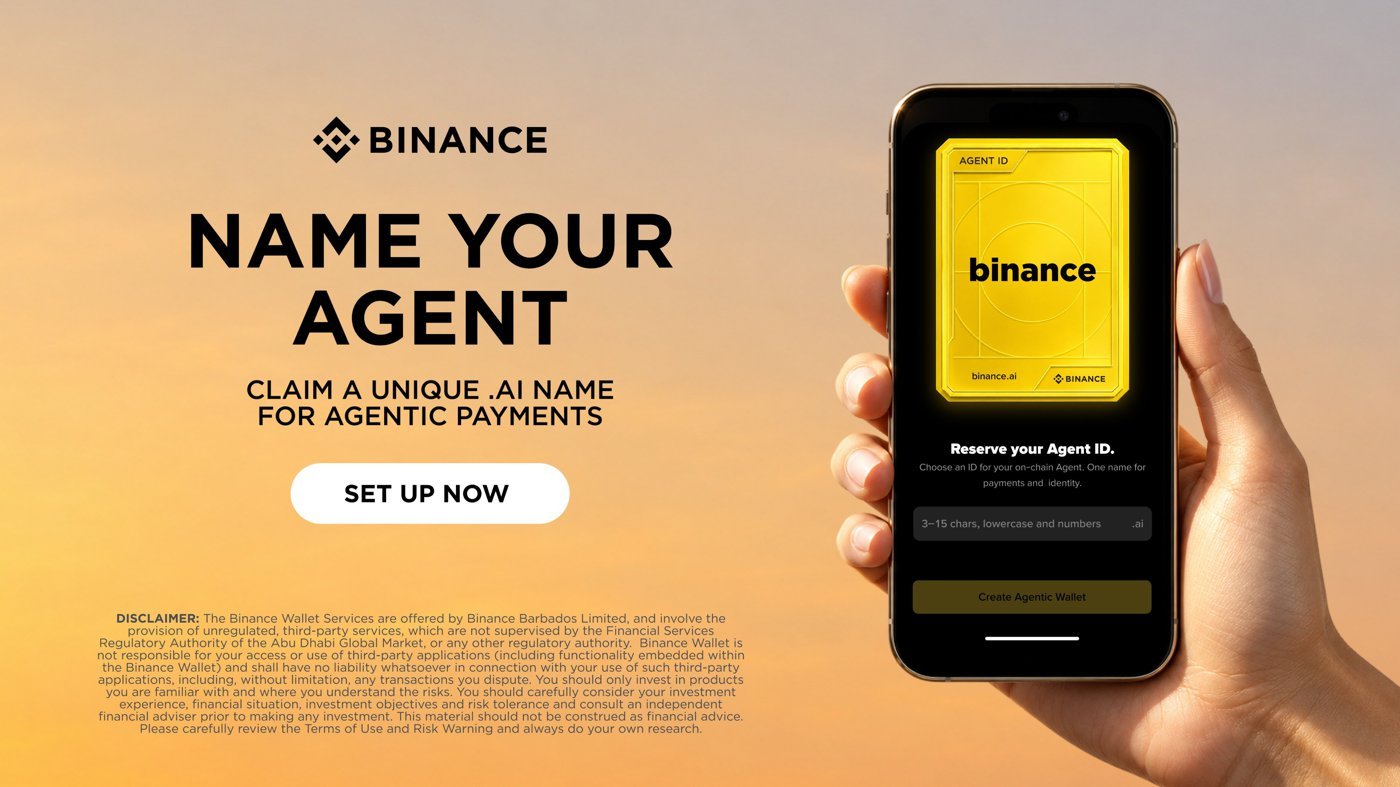 幣安官方 Agent ID 宣傳圖：Name Your Agent，為 Agentic Payments 領取獨一無二的 .ai 名稱，手機畫面顯示 3–15 個小寫字母及數字的命名規則