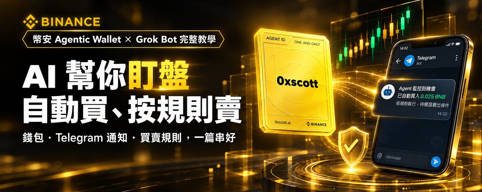幣安 Agentic Wallet 與 Grok Bot 自動交易完整教學封面：AI 幫你盯盤、自動買、按規則賣