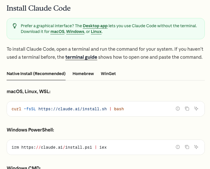 Claude Code 官方文件的安裝指令，分別列出 macOS、Linux、WSL 及 Windows PowerShell 的原生安裝指令