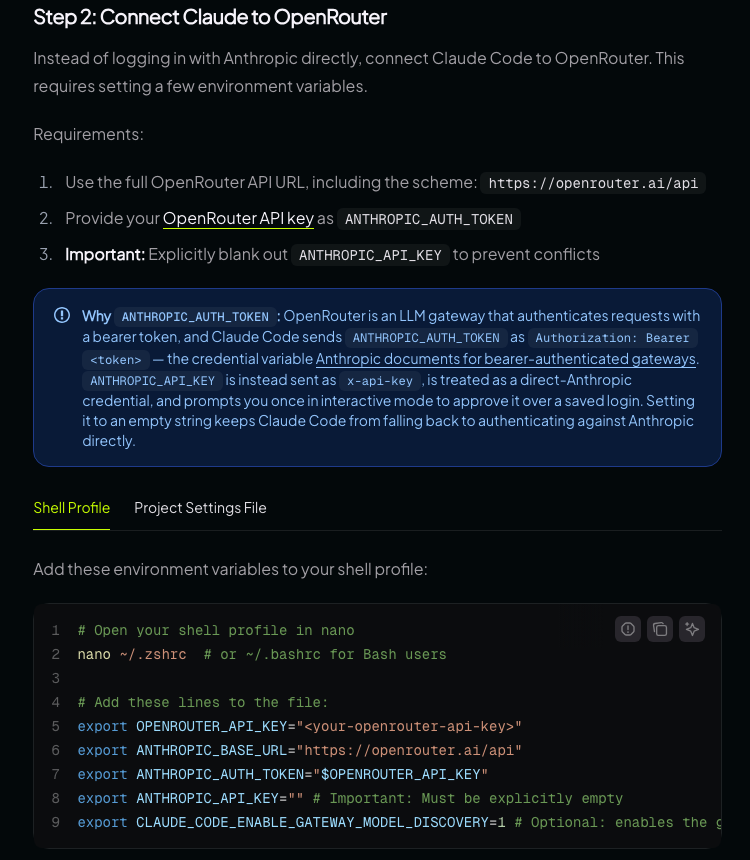 OpenRouter 官方 Claude Code 教學中的環境變數設定，包括 ANTHROPIC_BASE_URL、ANTHROPIC_AUTH_TOKEN 和留空的 ANTHROPIC_API_KEY