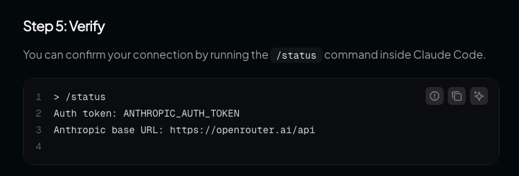OpenRouter 官方教學中輸入 /status 後的預期結果，顯示 Auth token 為 ANTHROPIC_AUTH_TOKEN、base URL 為 openrouter.ai/api