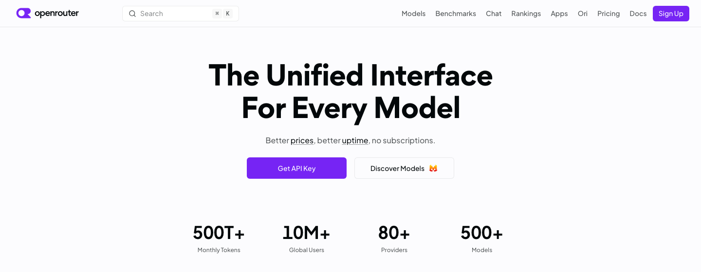OpenRouter 官方網站首頁，顯示 Get API Key 按鈕及 500 多個模型、80 多個供應商等數據