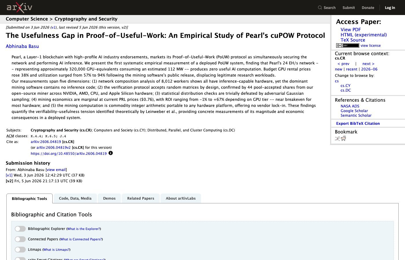 arXiv 上關於 Pearl cuPOW 協議「有用性缺口」的實證研究頁面