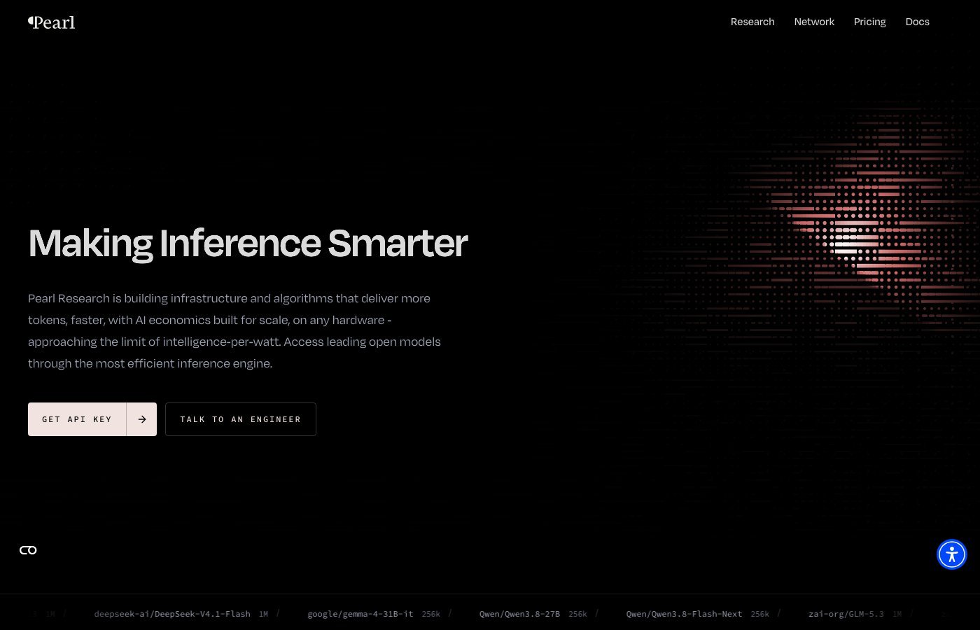Pearl Research Labs 官網首頁，主打更快更平的 AI 推論引擎