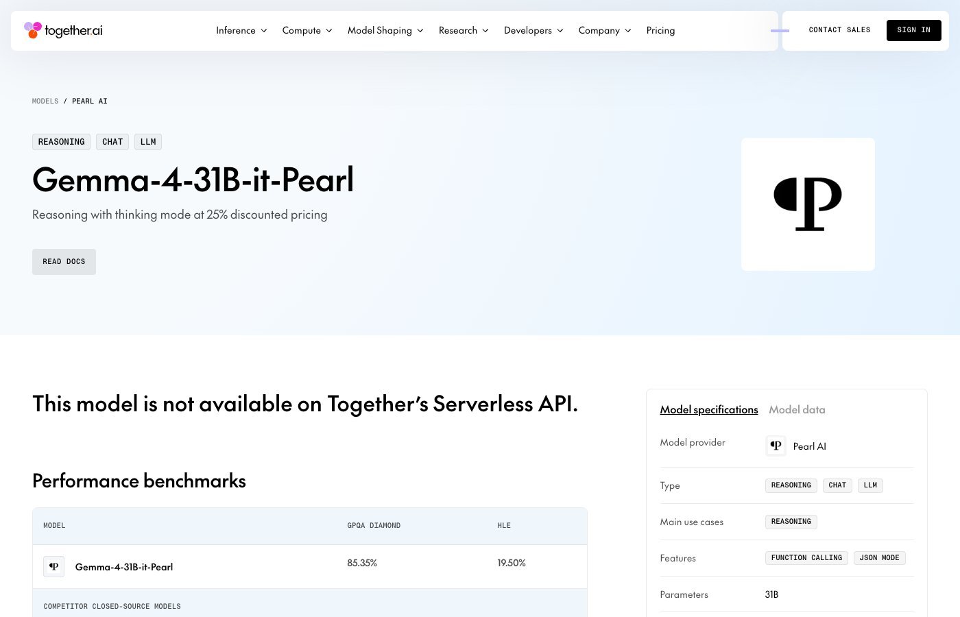 Together AI 的 Gemma-4-31B-it-Pearl 模型頁，標示 25% 折扣但註明不在 Serverless API 上